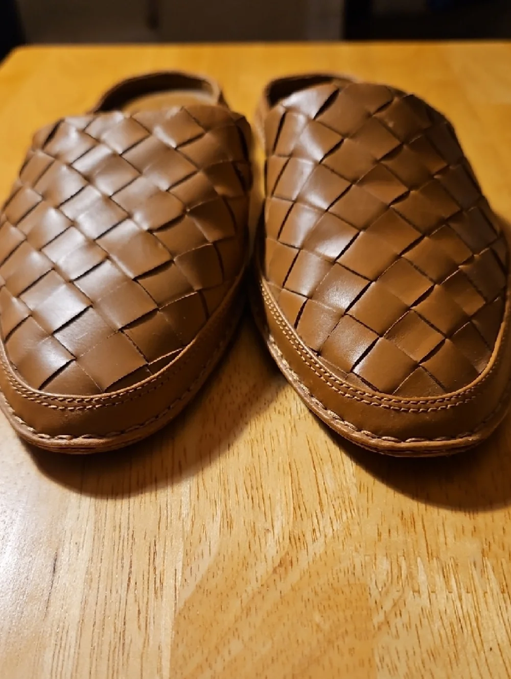 Vince Woven All Leather Slip-On Mules in Cognac - Picture 2 of 9